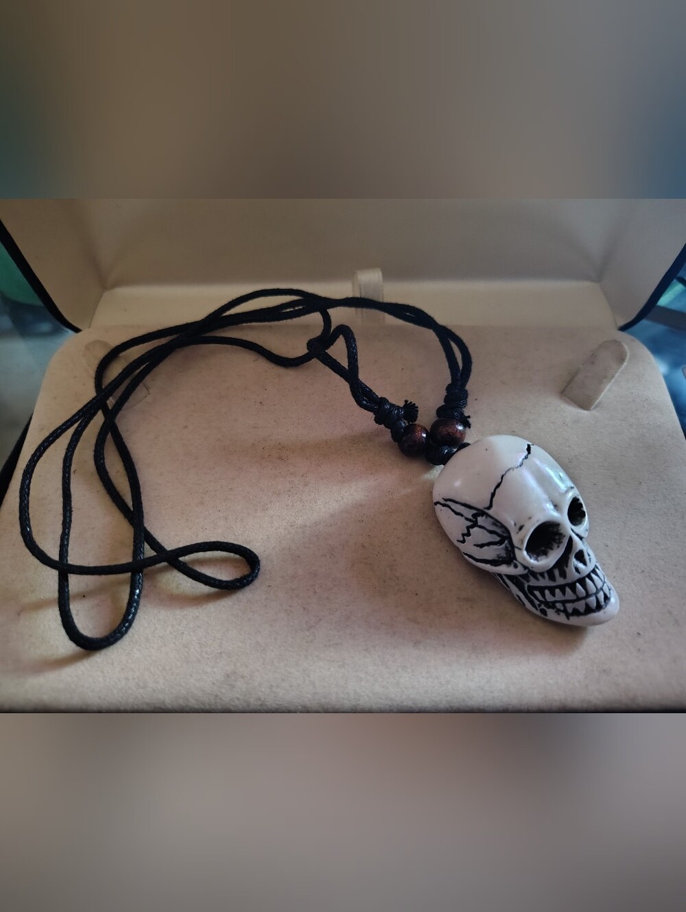 New Handcrafted White Skull Pendant Necklace with Black Cord